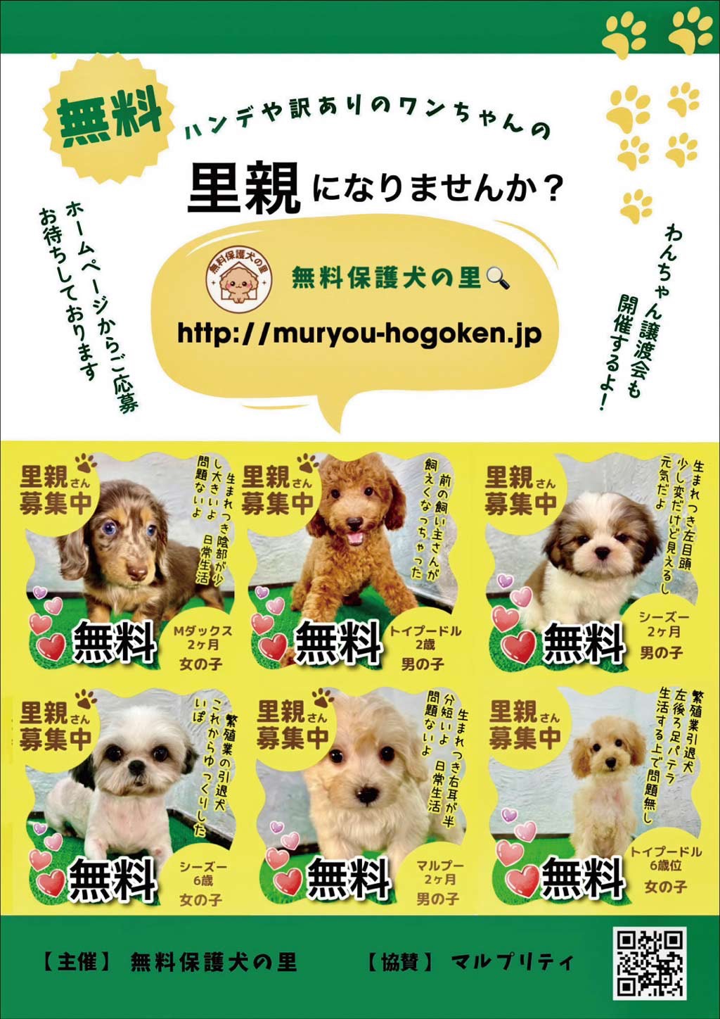 無料保護犬の里 里親募集ポスター