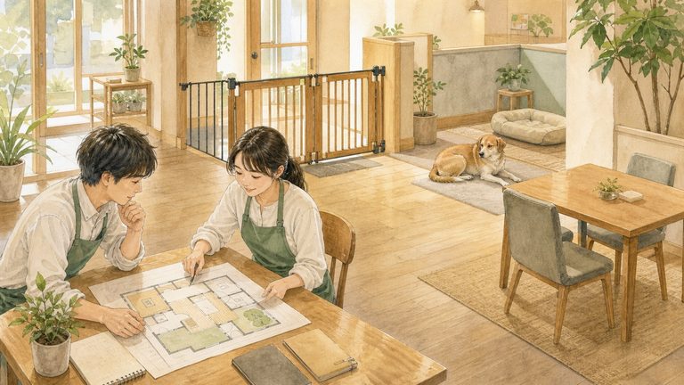 保護犬カフェの開設準備について、犬の居場所と施設計画を話し合うイメージ