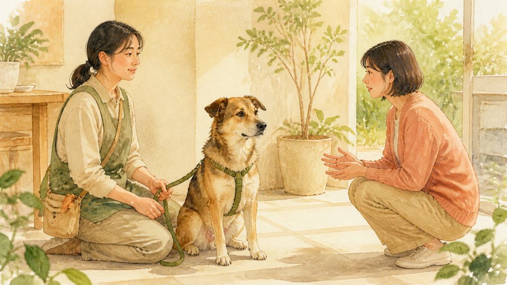 明るい室内で保護犬を囲み、地域のつながりについて話す人たちのイメージ