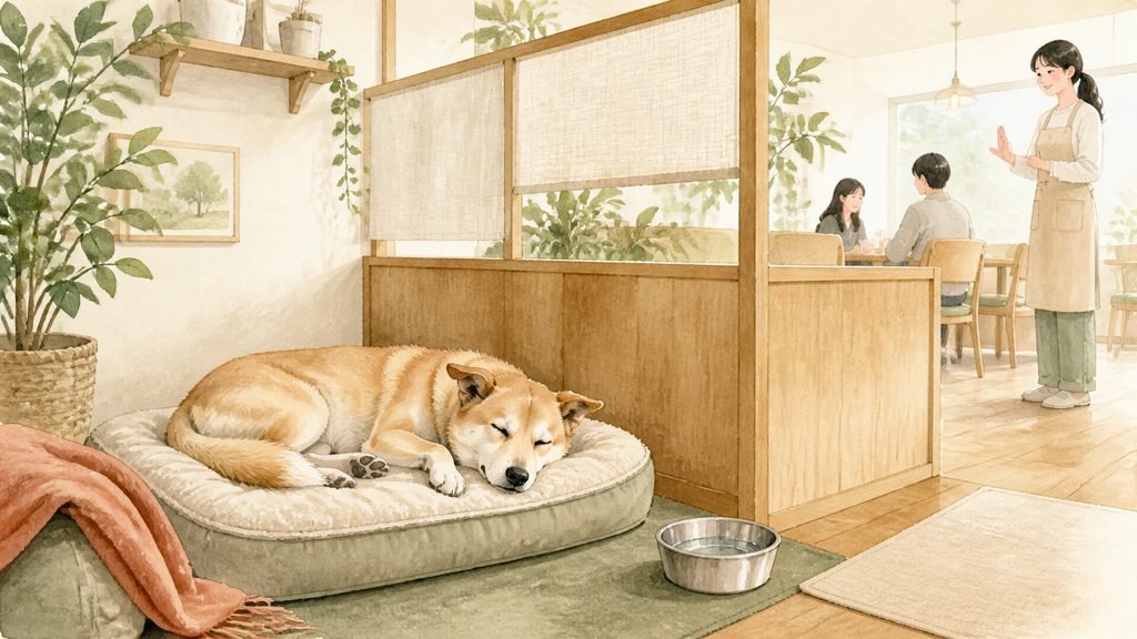 保護犬が静かな休憩スペースで安心して休み、スタッフが見守るイメージ