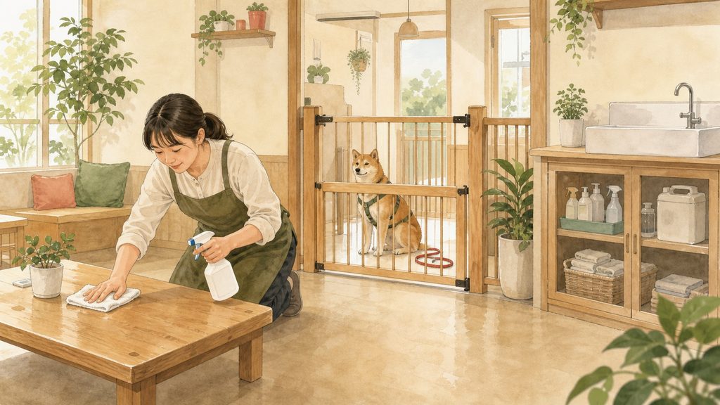 保護犬カフェで手洗い、清掃、換気を行い衛生と安全を整えるイメージ