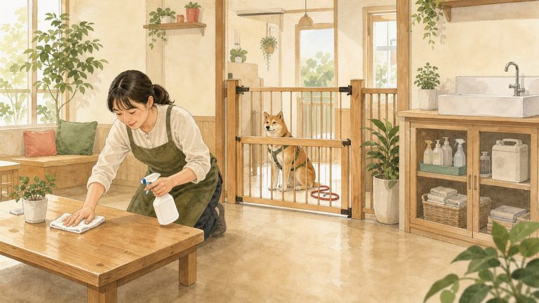 保護犬カフェで手洗い、清掃、換気を行い衛生と安全を整えるイメージ