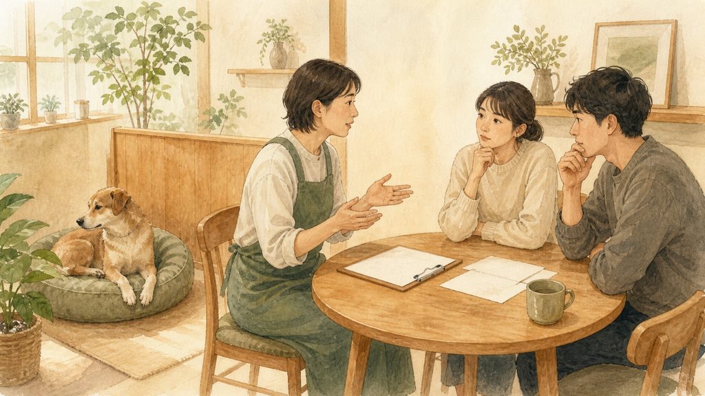 保護犬と落ち着いて向き合い、里親相談を行う人たちのイメージ