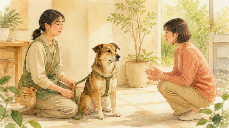 明るい室内で保護犬を囲み、地域のつながりについて話す人たちのイメージ